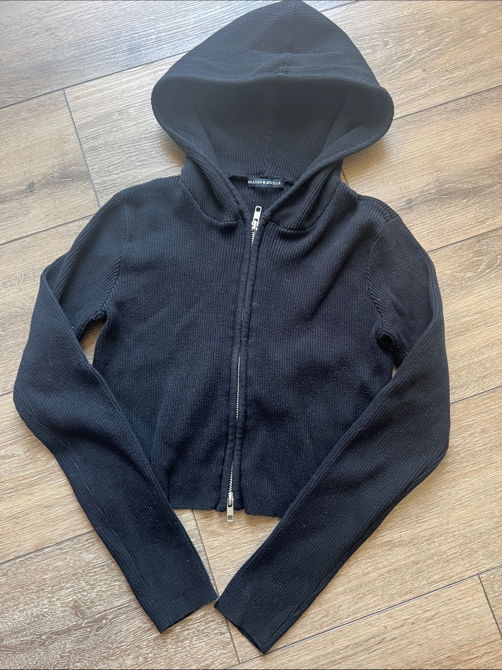 Brandy Melville Navy Ribbed Zip-Up Hooded Cardigan